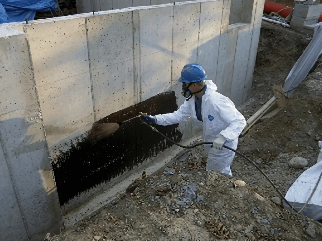 Professional waterproofing the exterior walls of the basement in Irvine, CA