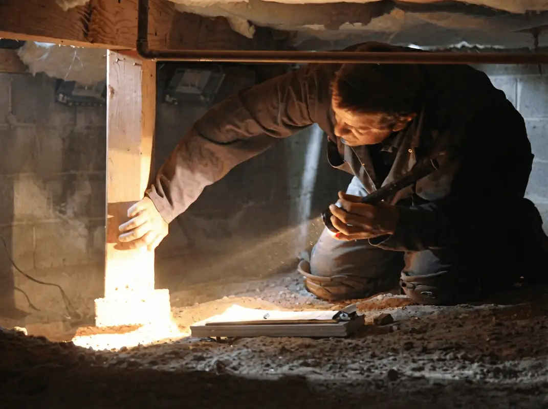 A professional inspecting wooden beams under the floor of a structure in Irvine, CA